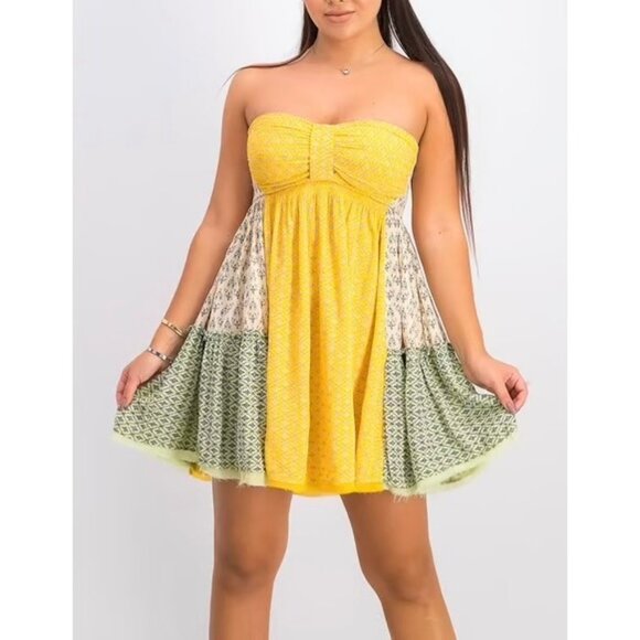 FREE PEOPLE Across The Sea Tunic Sz L Floral Yellow Green Colorblock Sweetheart - Picture 4 of 12